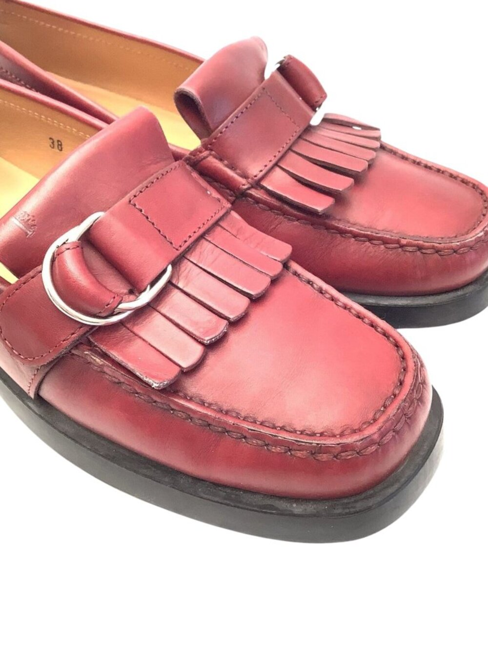 Tod's Red Kiltie Loafers Driving Shoes Flat Heel Leather Size-8